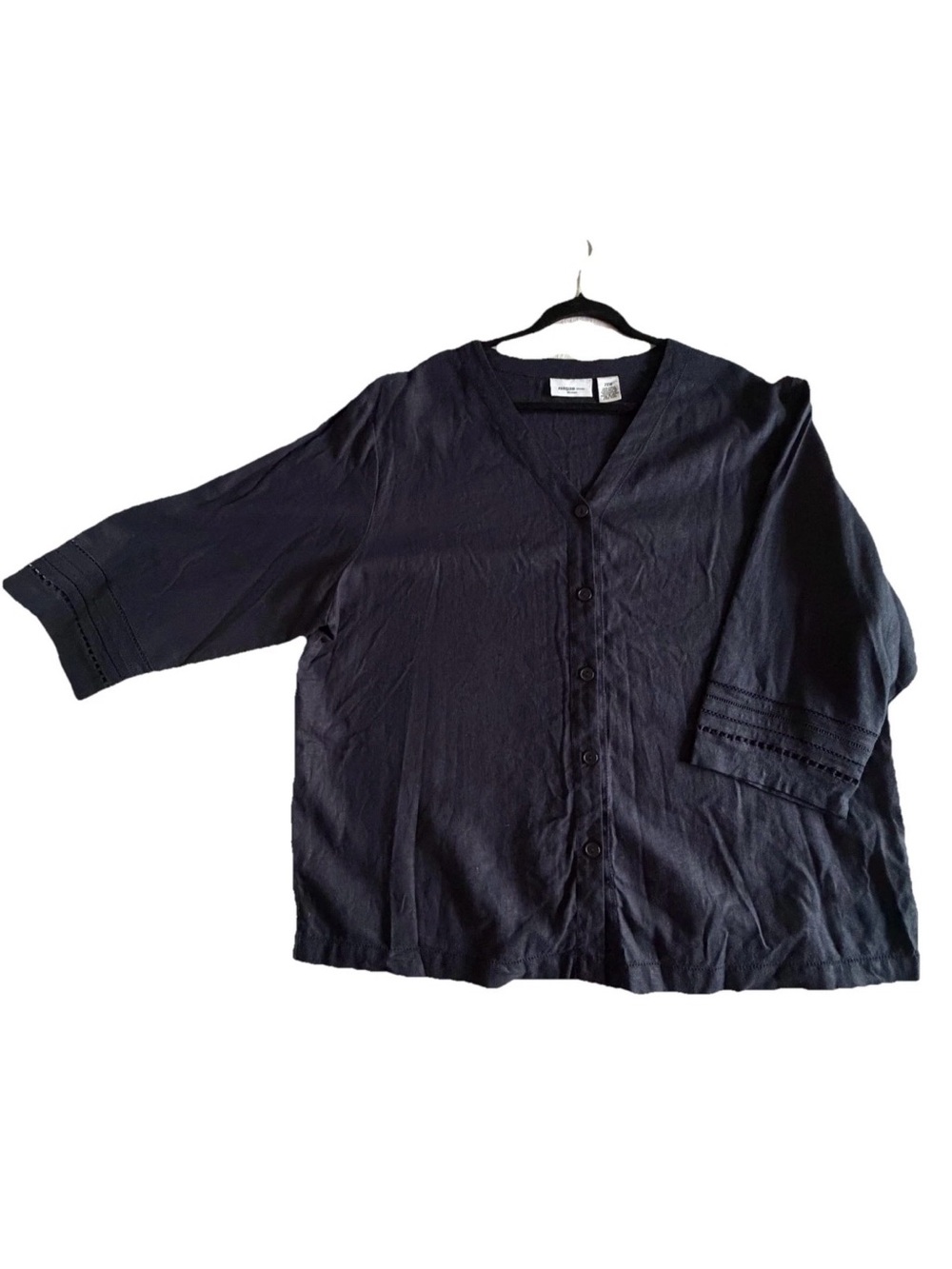 Parisian Works Tunic Top Womens 20W Plus Navy Linen V Neck Button 3/4 Sleeve